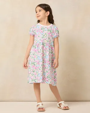 Girls White Floral Balloon Sleeve Knit Dress
