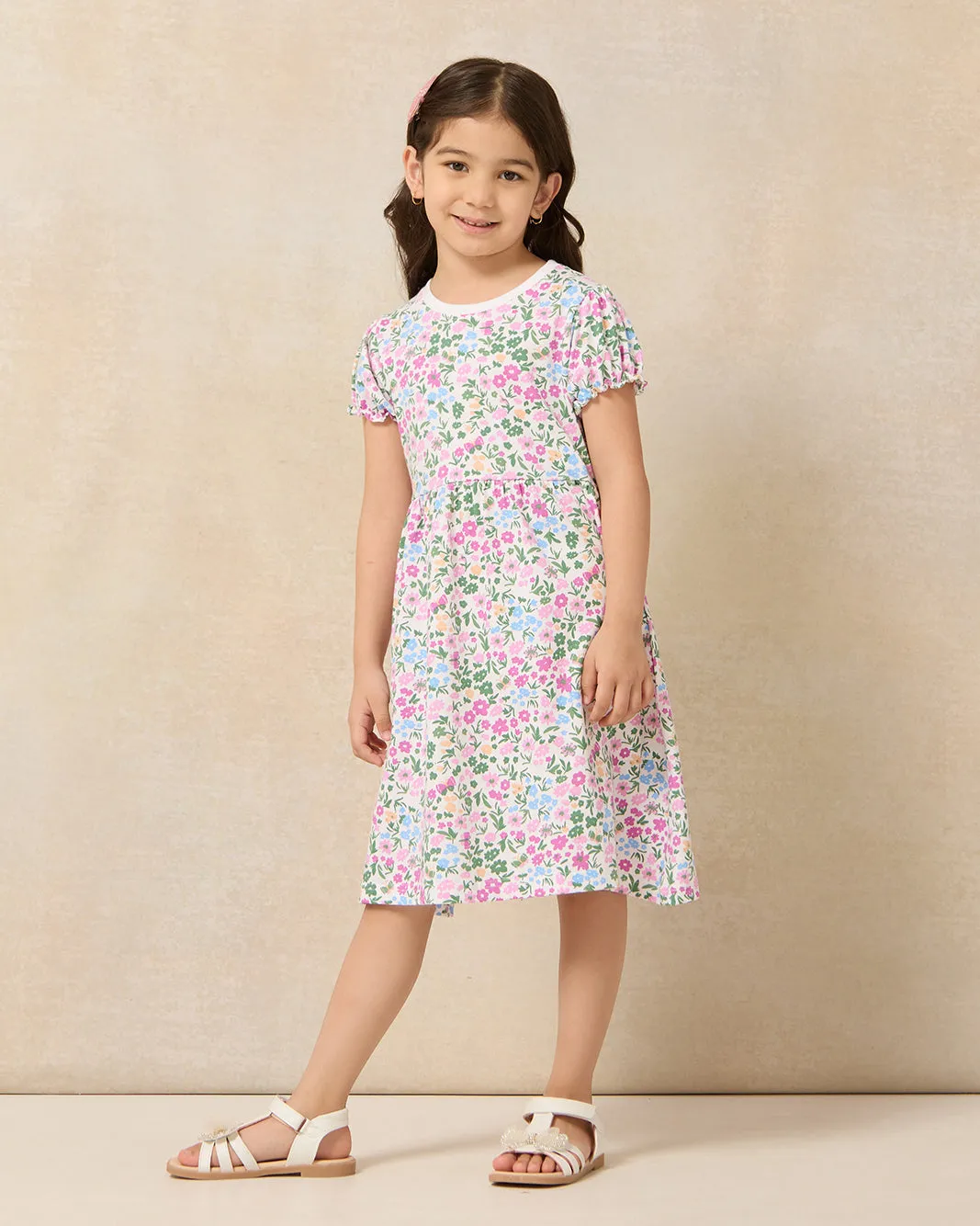 Girls White Floral Balloon Sleeve Knit Dress