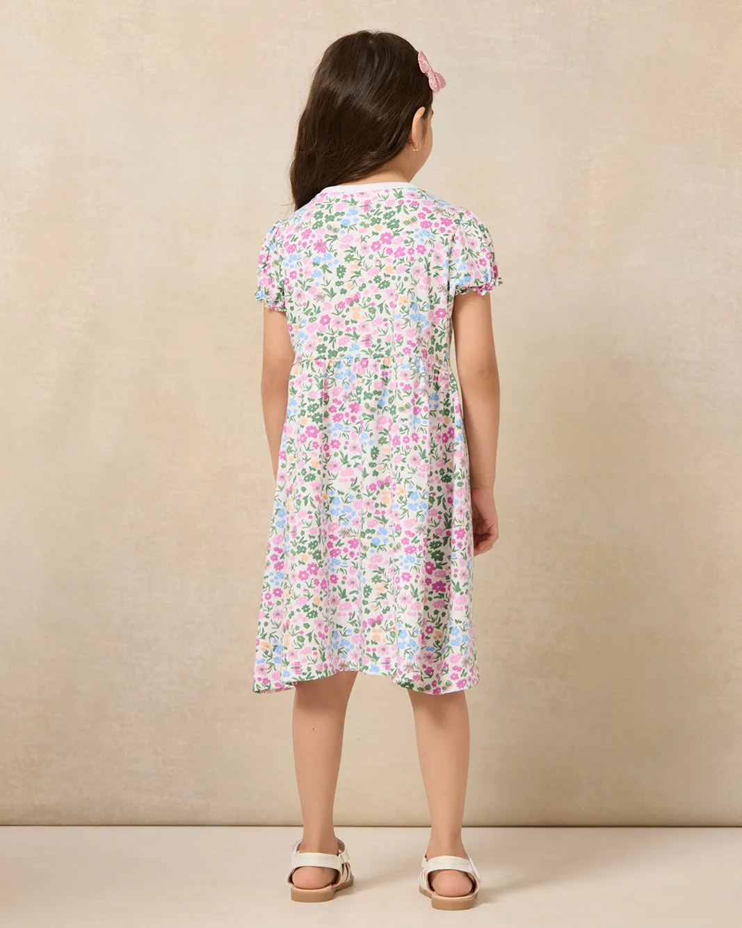 Girls White Floral Balloon Sleeve Knit Dress