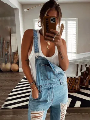 GYPSY GIRL - Washed Ripped Blue Denim Overalls