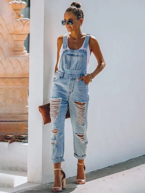 GYPSY GIRL - Washed Ripped Blue Denim Overalls