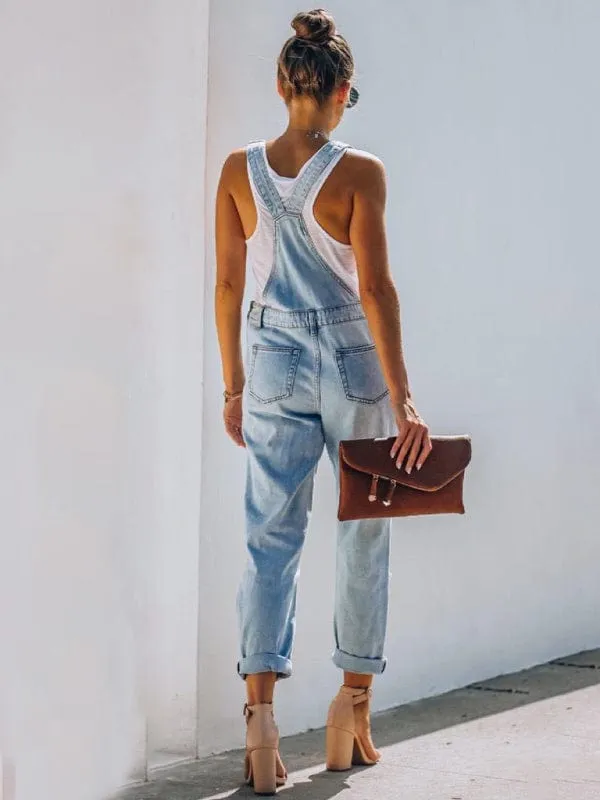 GYPSY GIRL - Washed Ripped Blue Denim Overalls