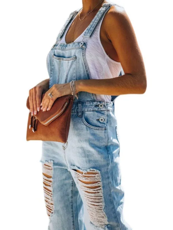 GYPSY GIRL - Washed Ripped Blue Denim Overalls
