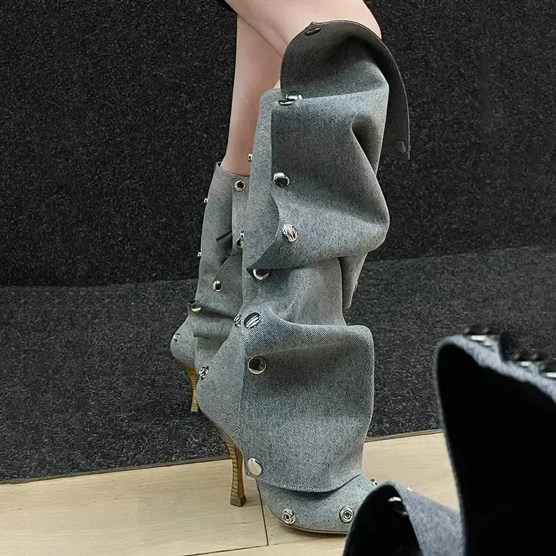 High Heel Long Boots for Women Thin Heeled Pointed Denim Boots Metal Button Shoes