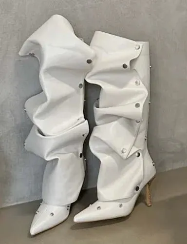High Heel Long Boots for Women Thin Heeled Pointed Denim Boots Metal Button Shoes