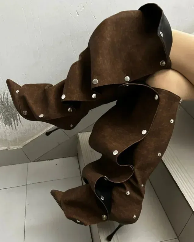 High Heel Long Boots for Women Thin Heeled Pointed Denim Boots Metal Button Shoes
