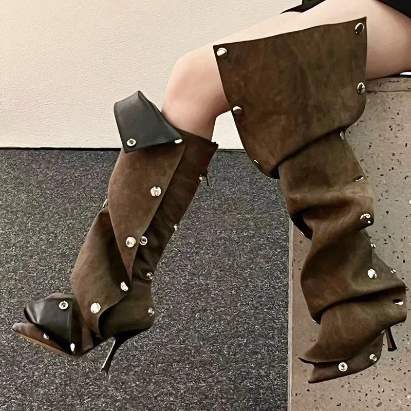 High Heel Long Boots for Women Thin Heeled Pointed Denim Boots Metal Button Shoes