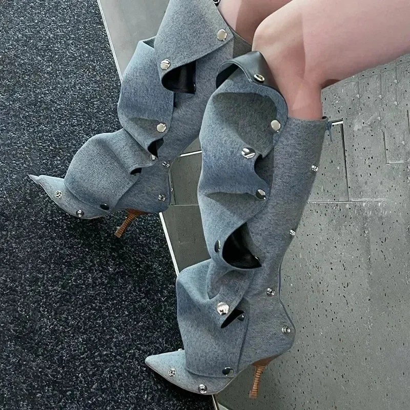 High Heel Long Boots for Women Thin Heeled Pointed Denim Boots Metal Button Shoes