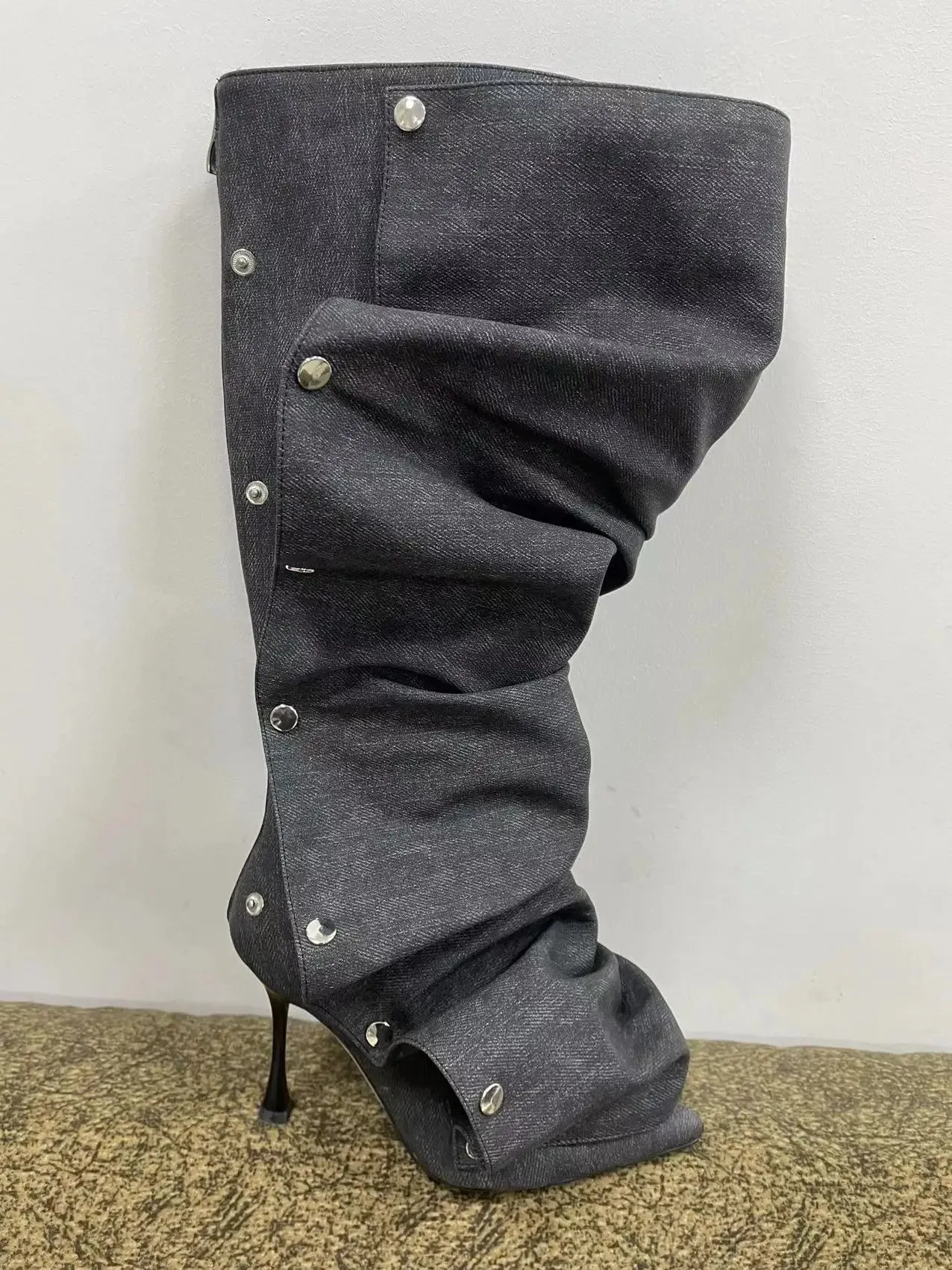 High Heel Long Boots for Women Thin Heeled Pointed Denim Boots Metal Button Shoes