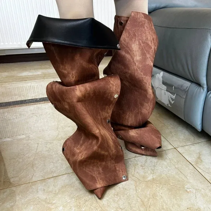 High Heel Long Boots for Women Thin Heeled Pointed Denim Boots Metal Button Shoes