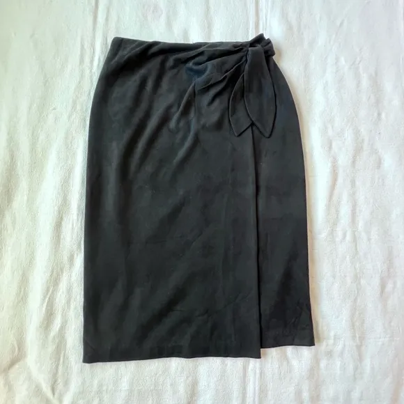 J Mclaughlin Womens Size 6 Carlie Skirt Black Faux Suede Wrap Midi Waist Tie