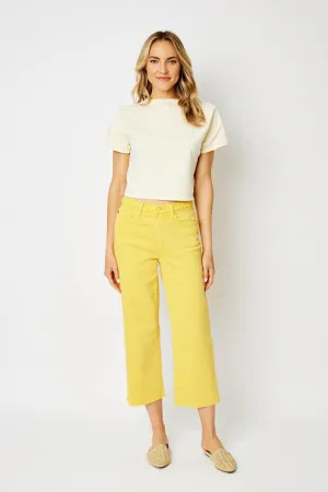 Judy Blue High Waisted Yellow Garment Dyed Braided Waist Band Cropped Wide Leg Denim Jeans