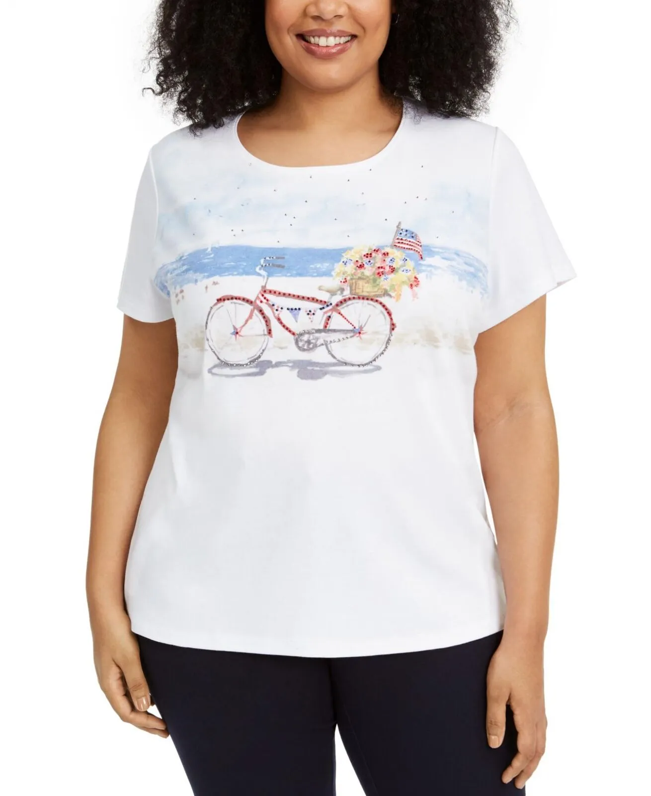 Karen Scott Womens Plus Size Bicycle Graphic Top 100089328WN White 1X