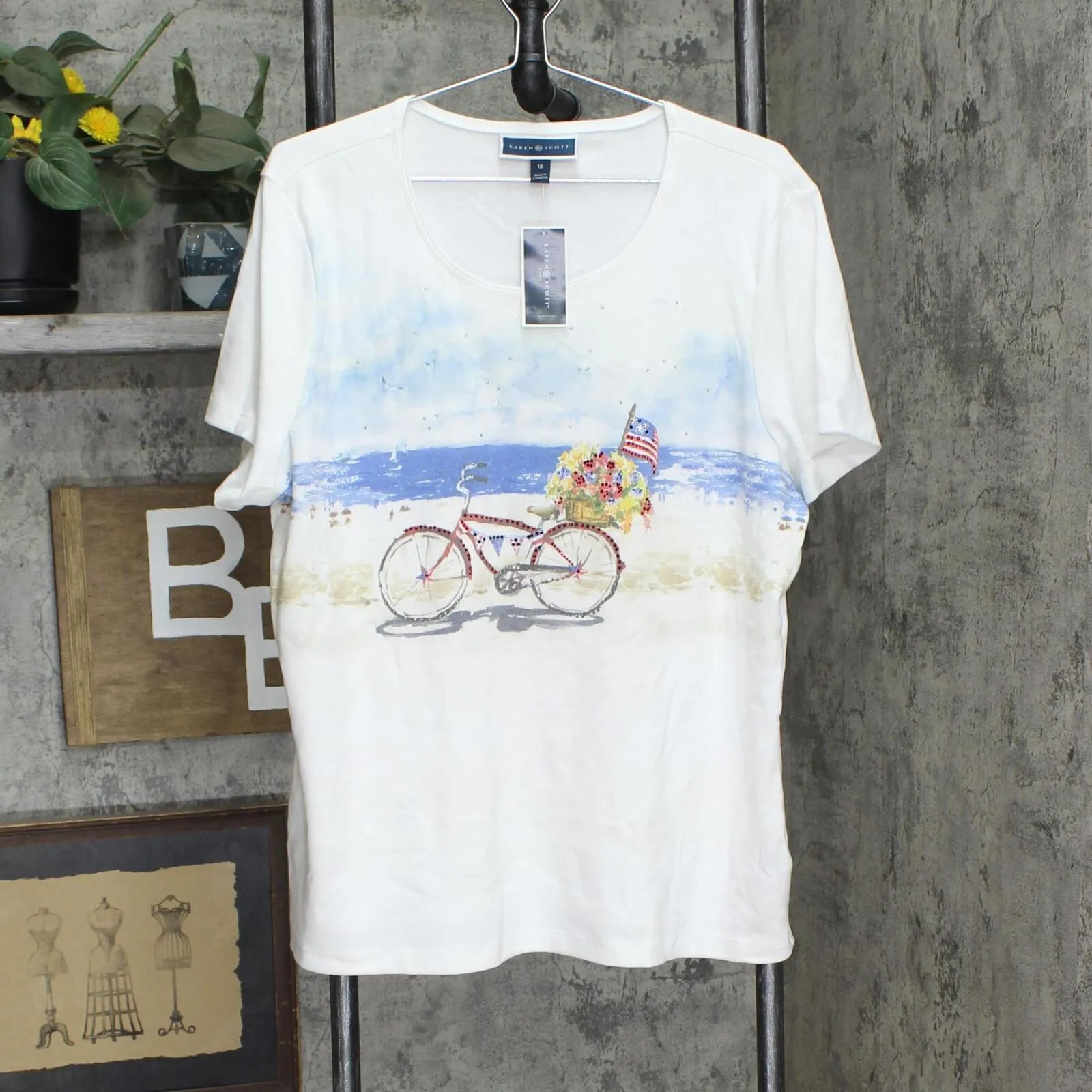 Karen Scott Womens Plus Size Bicycle Graphic Top 100089328WN White 1X