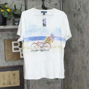 Karen Scott Womens Plus Size Bicycle Graphic Top 100089328WN White 1X