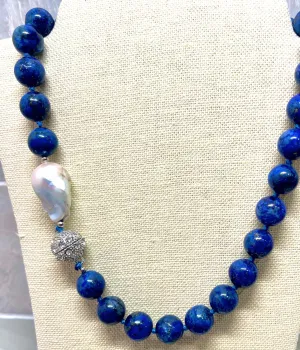 Lapis Lazuli & Baroque Pearl Gemstone Statement Necklace with Magnetic Clasp