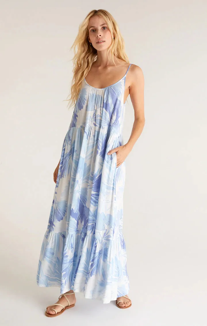 Lido watercolor leaf dress in pacific blue