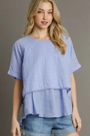 Light Blue Eyelet Layered Short Sleeve Blouse