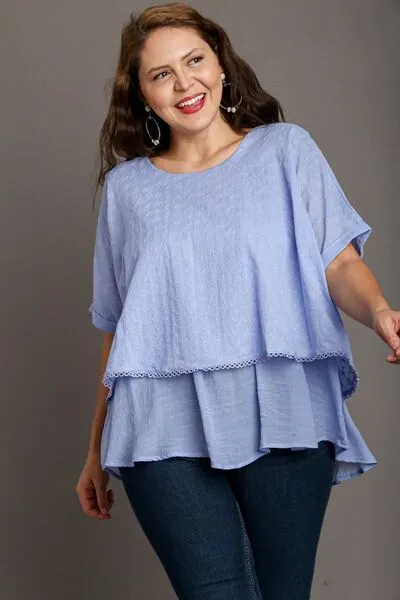 Light Blue Eyelet Layered Short Sleeve Blouse