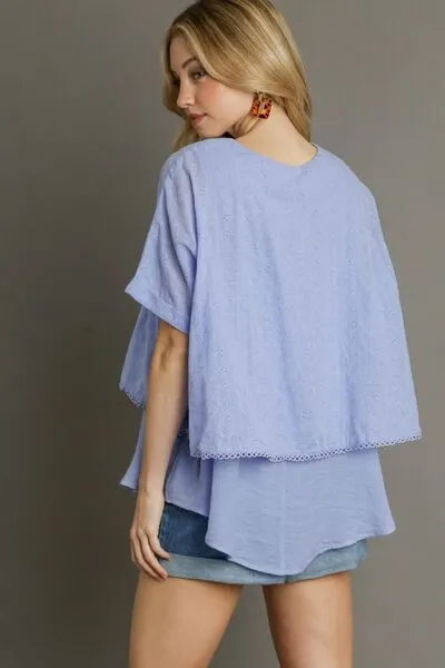 Light Blue Eyelet Layered Short Sleeve Blouse
