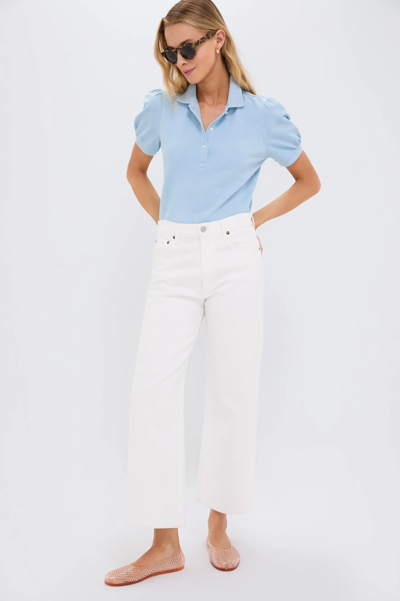 Light Blue Pique Puff Sleeve Peggy Polo