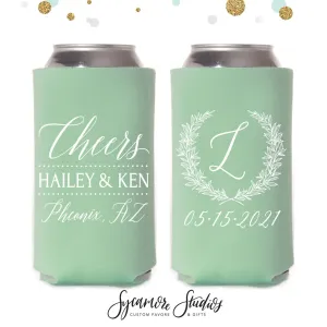 Monogram Wreath - Slim 12oz Wedding Can Cooler #120S
