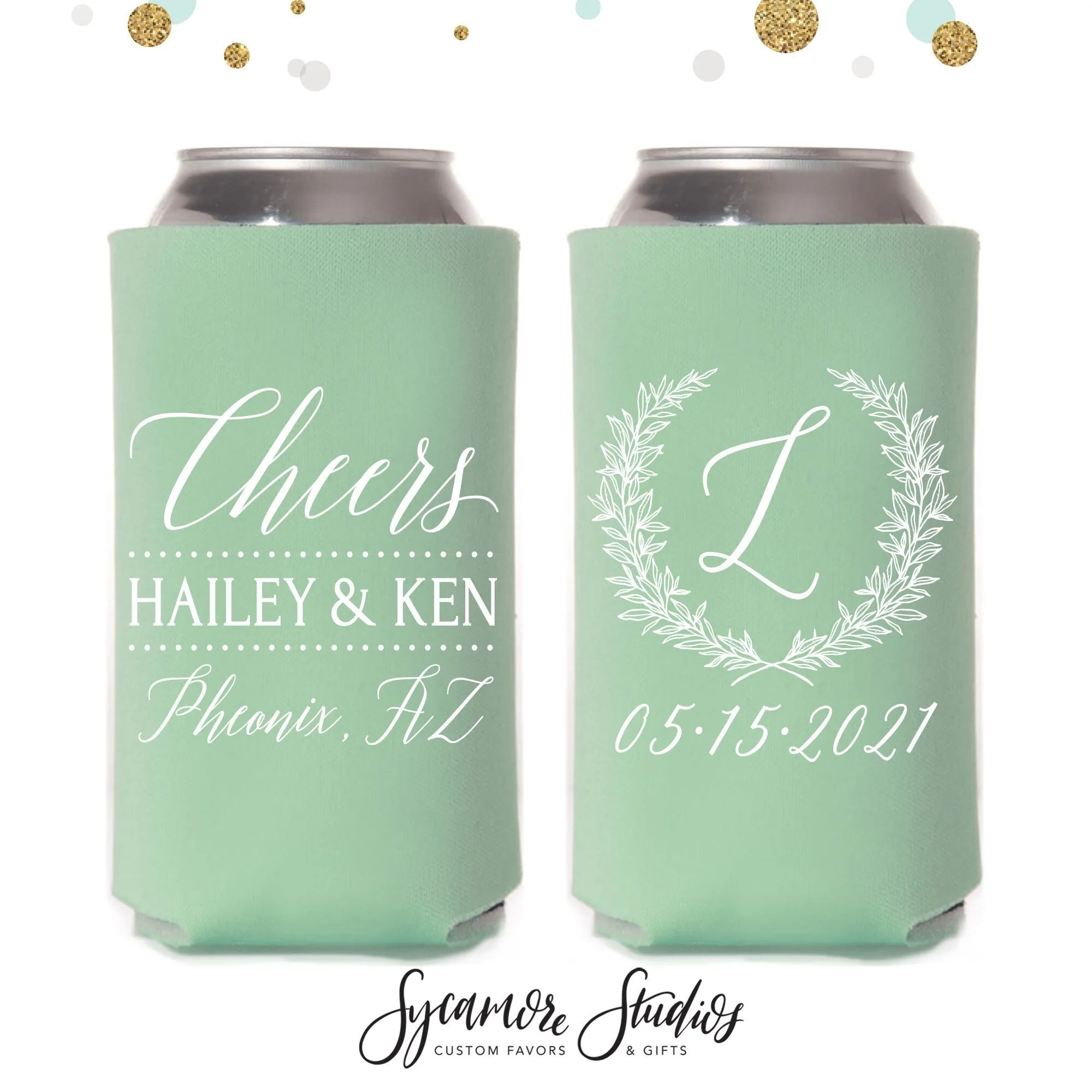 Monogram Wreath - Slim 12oz Wedding Can Cooler #120S