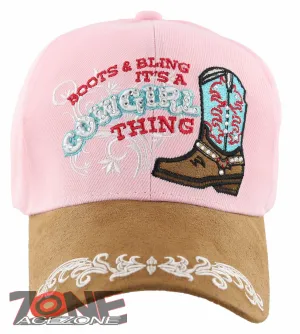 NEW! BOOTS & BLING IT'S A COWGIRL THING FAUX LEATHER BALL CAP HAT PINK