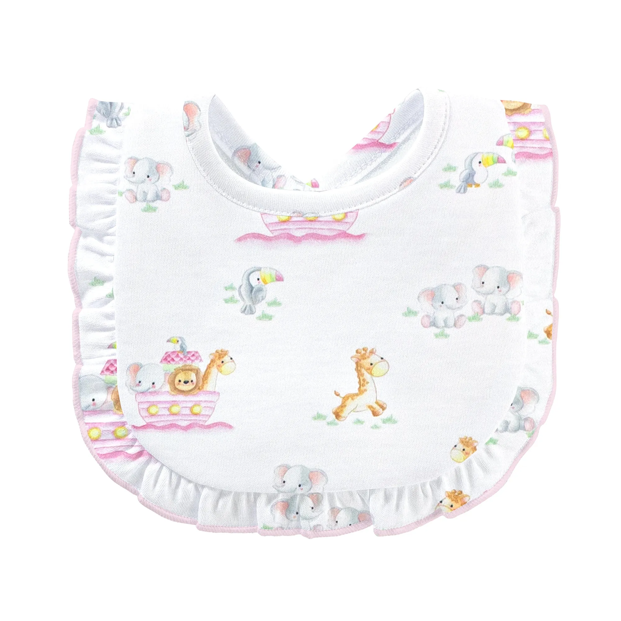 Noah’s Ark Pink Printed Bib with Ruffle