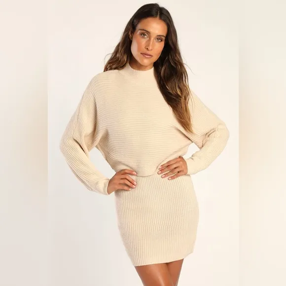 NWT Lulus Toasty Times Cream Long Sleeve Two-Piece Sweater Dress