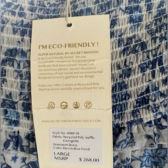 NWT Revolve Super Natural‎ By Secret Mission Greenport Dress Blue Floral Size L