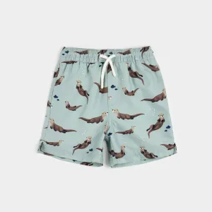 Otter Print on Blue Mist Swim Trunks