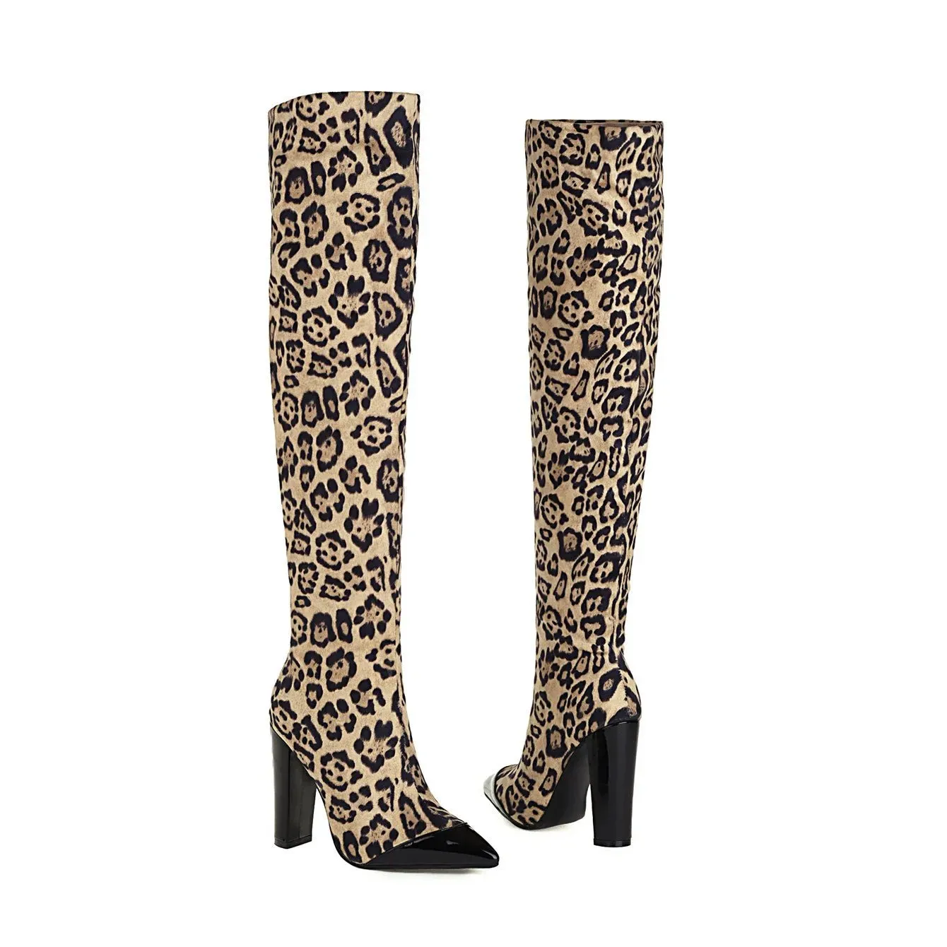 Patchwork Pointed Toe Wrinkle Knee High Boots Sexy Lady Party Dress Shoes