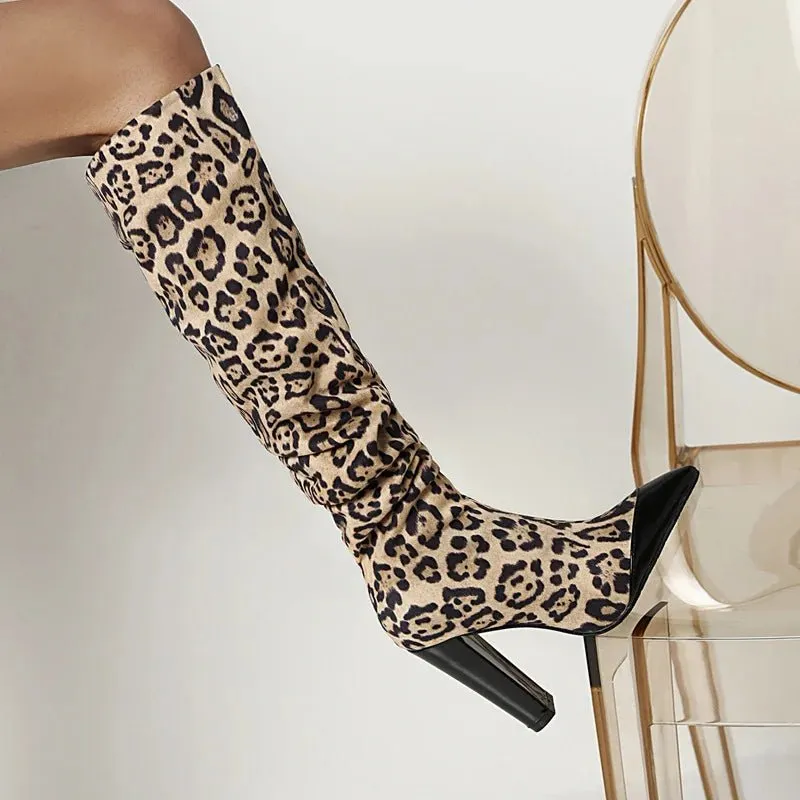 Patchwork Pointed Toe Wrinkle Knee High Boots Sexy Lady Party Dress Shoes