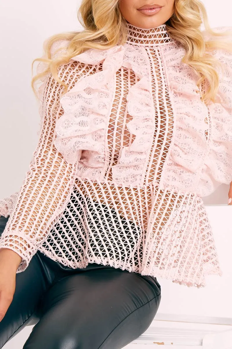 Pink Lace High Neck Zip Back Blouse - Abree