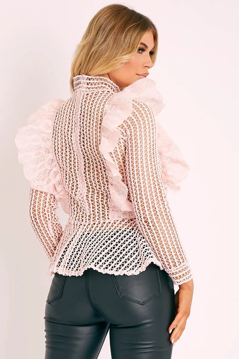 Pink Lace High Neck Zip Back Blouse - Abree