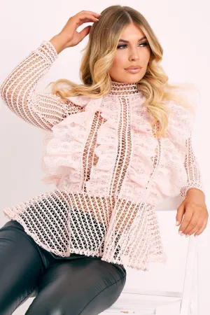 Pink Lace High Neck Zip Back Blouse - Abree