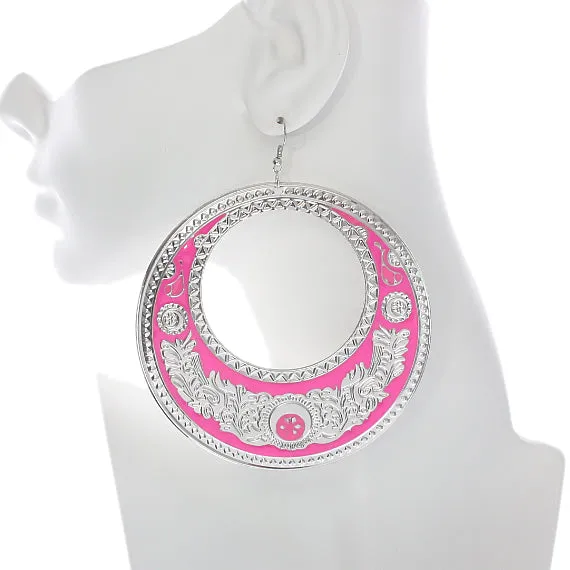 Pink Large Texture Design Hoop Earrings