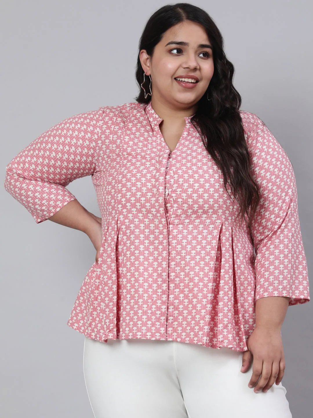 Pink Plus Size Woven Printed Pleated Top