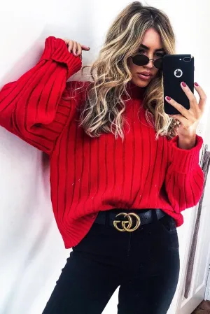 Red Knit High Neck Jumper - Jaelynn