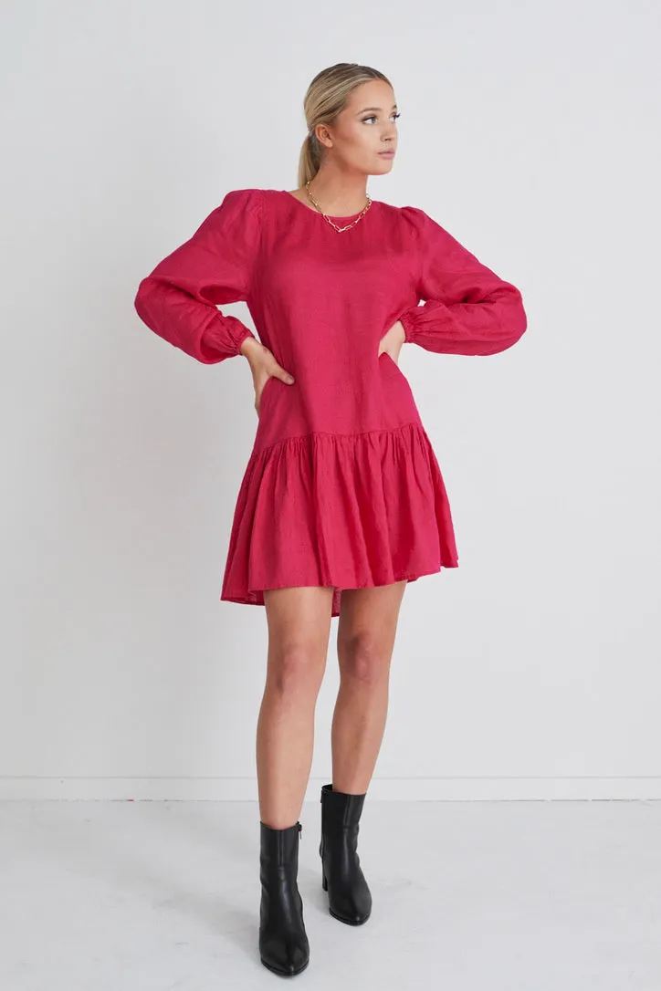 Rhea Raspberry Linen Drop Waist Smock Dress