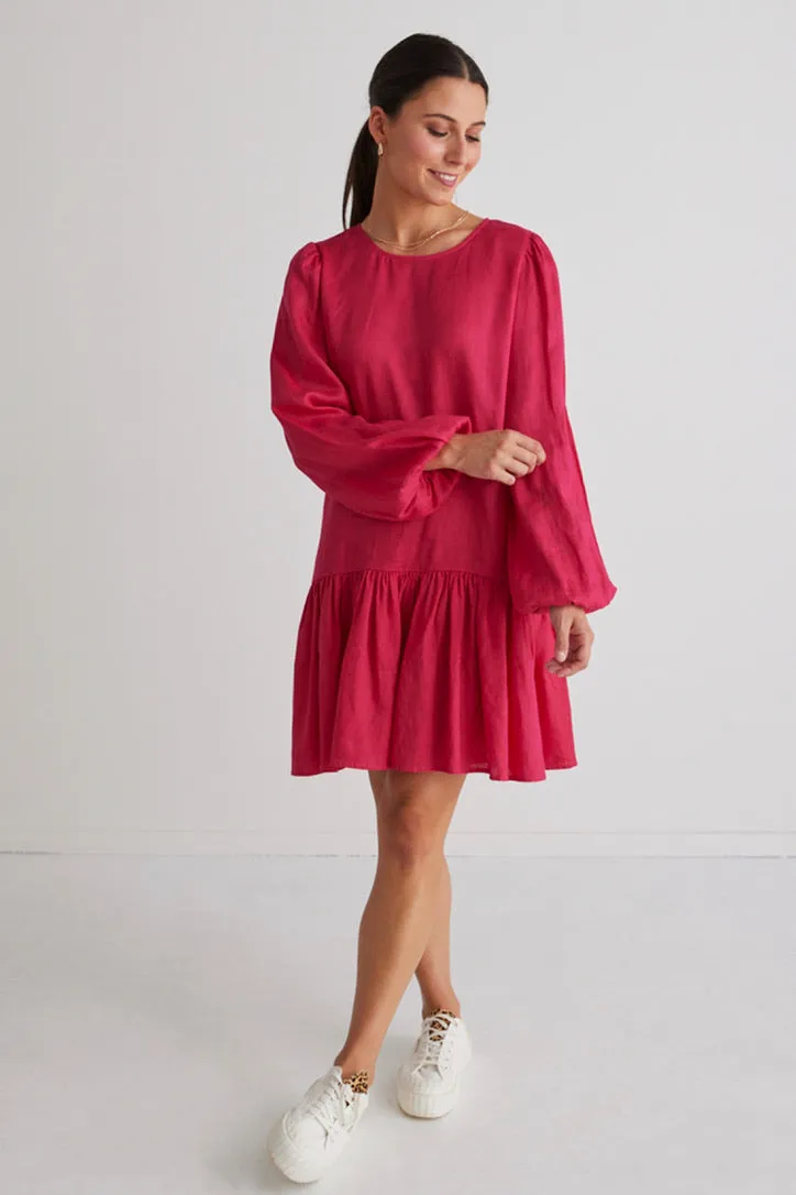 Rhea Raspberry Linen Drop Waist Smock Dress