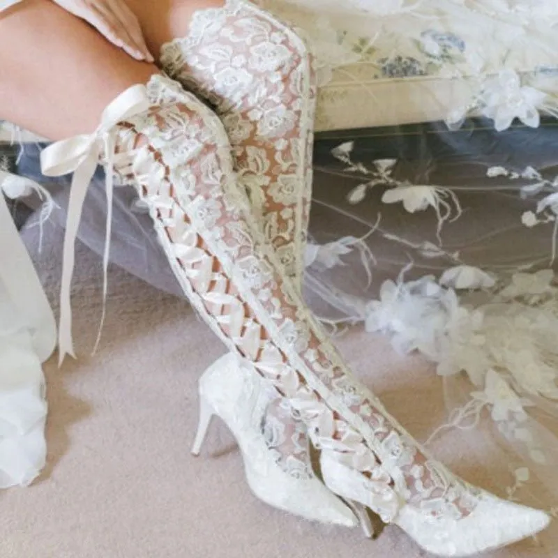 Romantic Floral Lace Ribbons Bandage Over Knee Boots