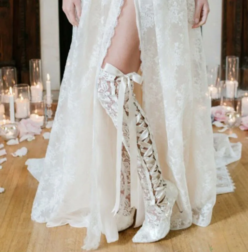 Romantic Floral Lace Ribbons Bandage Over Knee Boots