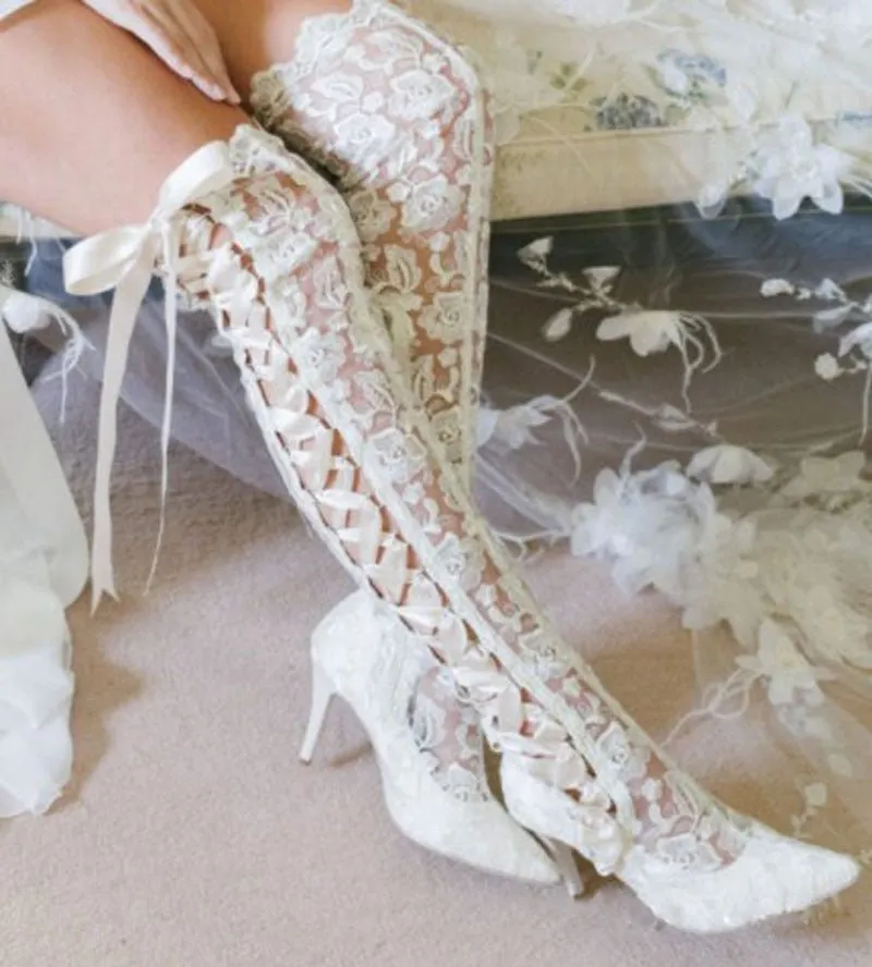 Romantic Floral Lace Ribbons Bandage Over Knee Boots