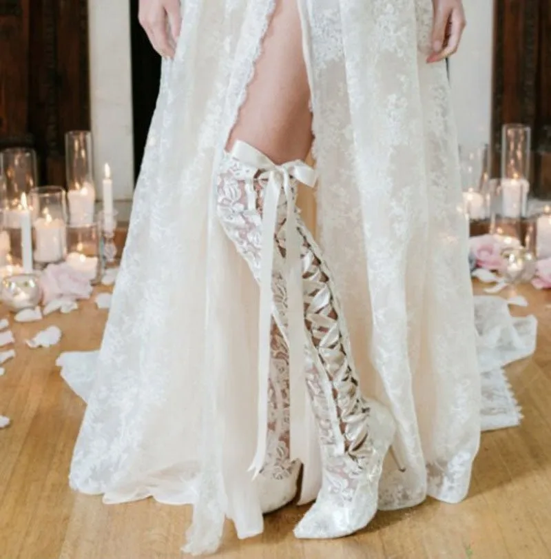 Romantic Floral Lace Ribbons Bandage Over Knee Boots