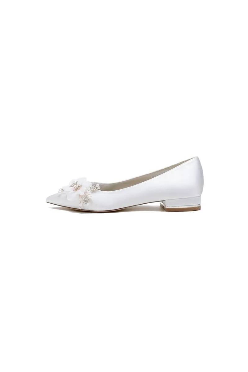 Satin Champagne Flats with Delicate Flower Embellishments