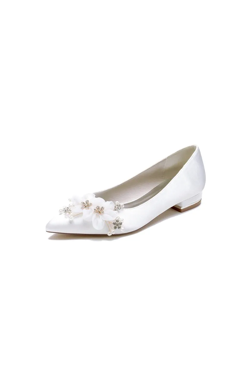 Satin Champagne Flats with Delicate Flower Embellishments
