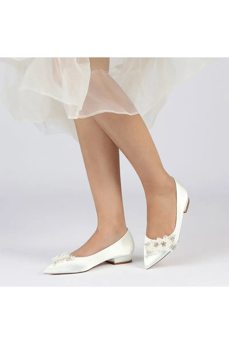 Satin Champagne Flats with Delicate Flower Embellishments
