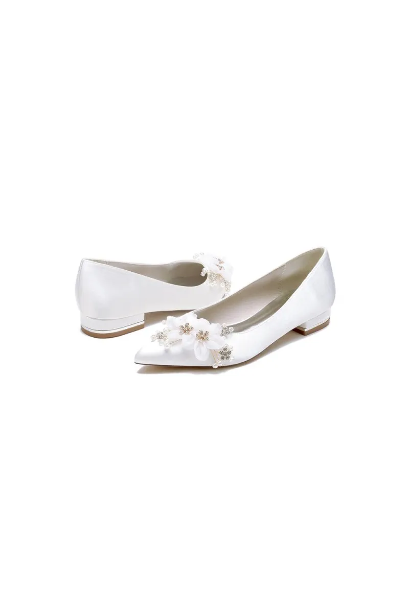 Satin Champagne Flats with Delicate Flower Embellishments